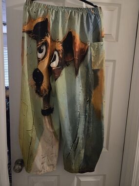 Straight-Leg Women's Pants with Artistic Dog Print - Green & Brown